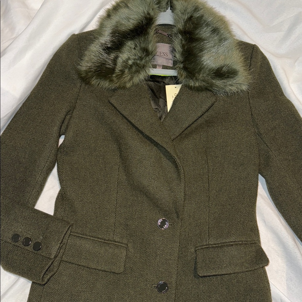 New Guess Military Green Multi Laurence Button Long Wool Blend Fur Coat S